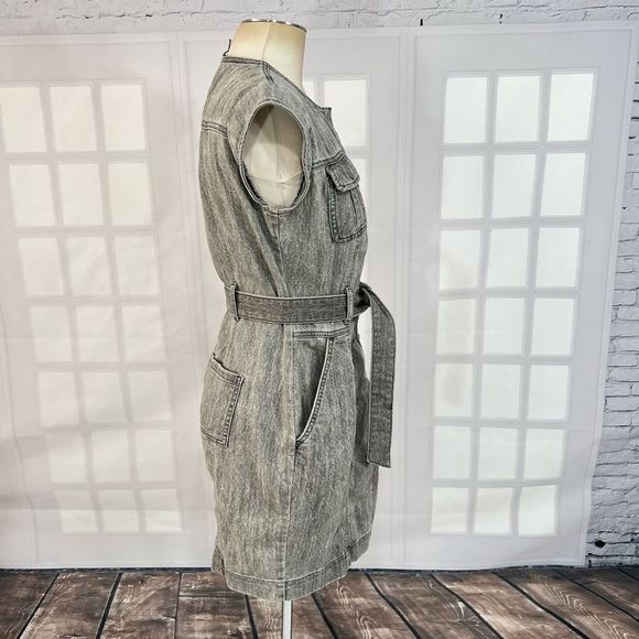 WHBM Women's Snap Button Front Gray Acid Wash Belted Denim Mini Dress Size 00 - Picture 5 of 10